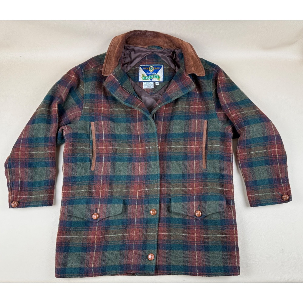 East West Medium Plaid Barn Coat Vintage Wool Blend Leather Collar Jacket